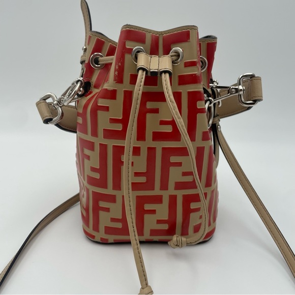 (SOLD) Fendi Monogram Embossed Beige/Red Leather Tresor Drawstring Bucket Bag - Picture 3 of 17
